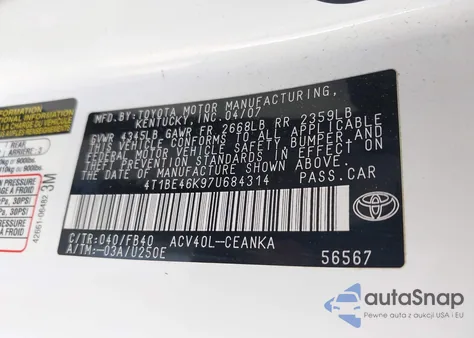 2007 Toyota Camry Le z USA, uszkodzony, nr VIN 4T1BE46K97U684314